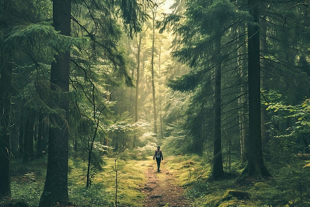 Persona che cammina lentamente attraverso una foresta tranquilla circondata da alti alberi e dai suoni calmanti di n