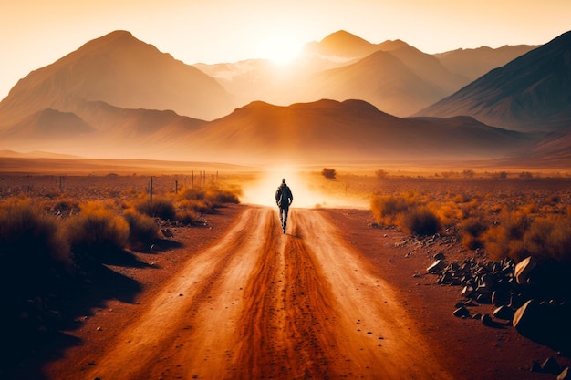 Persona che cammina lungo una strada sterrata nel mezzo del deserto con le montagne sullo sfondo IA generativa