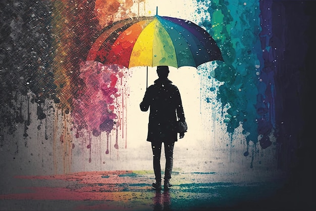 Persona che cammina sotto la pioggia con ombrello colorato e arcobaleno sopra