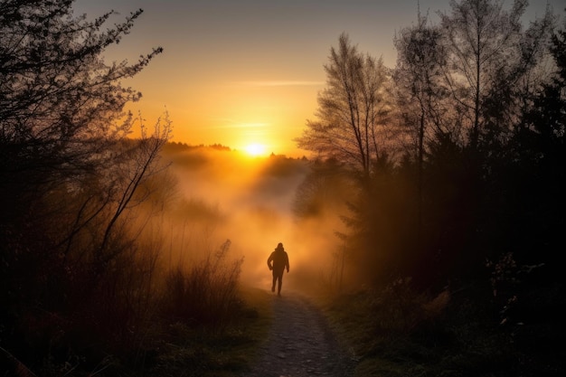 Persona che cammina su un sentiero nel bosco nebbioso con vista dell'alba creata con l'IA generativa