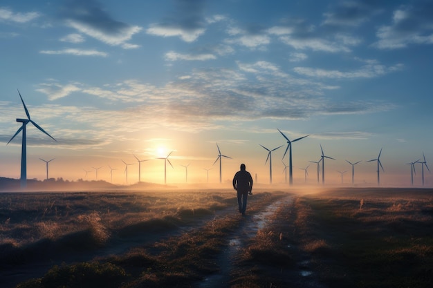 Persona che cammina su un sentiero tra un campo di turbine eoliche al tramonto