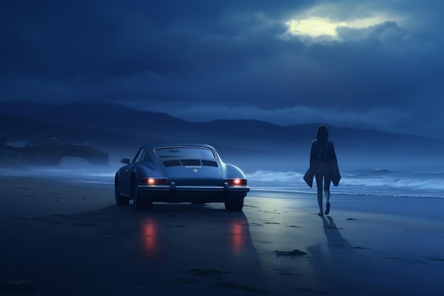 Persona che cammina sulla spiaggia accanto all'auto