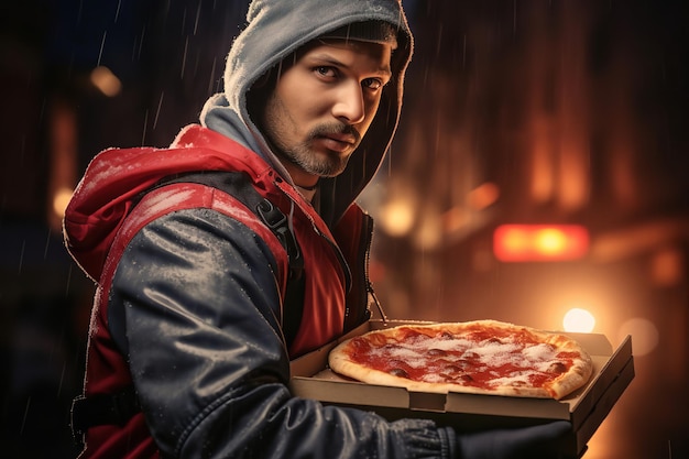 Persona che consegna la pizza tenendo la scatola calda