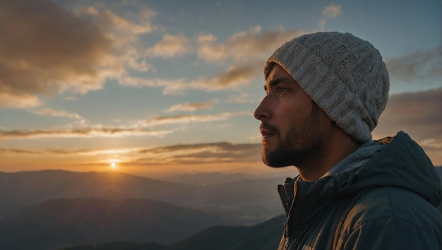 Persona che contempla l'alba dalla cima di una montagna