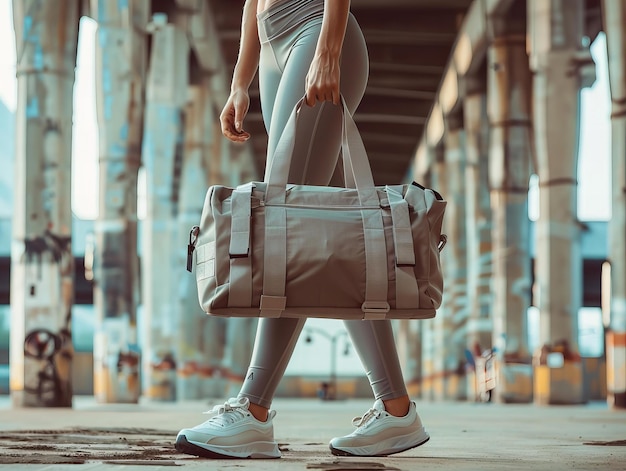 Persona che entra in una palestra moderna con una borsa da ginnastica elegante