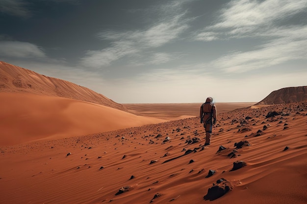 Persona che esplora le sabbie rosse di Marte con orizzonti lontani visibili