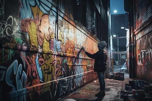 Persona che fa arte dei graffiti sul muro di mattoni in un vicolo buio creato con l'IA generativa