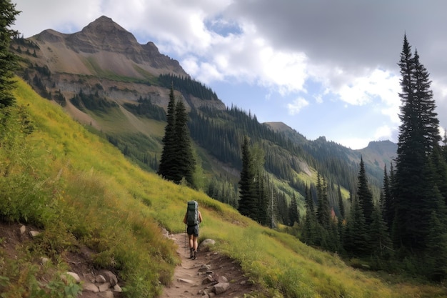 Persona che fa un'escursione attraverso la foresta con maestose montagne sullo sfondo create con l'IA generativa