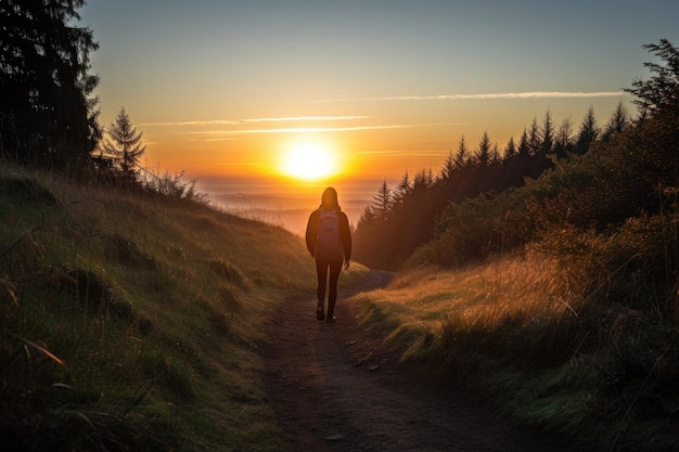 Persona che fa un'escursione lungo il sentiero con una vista dell'alba sullo sfondo creata con l'IA generativa