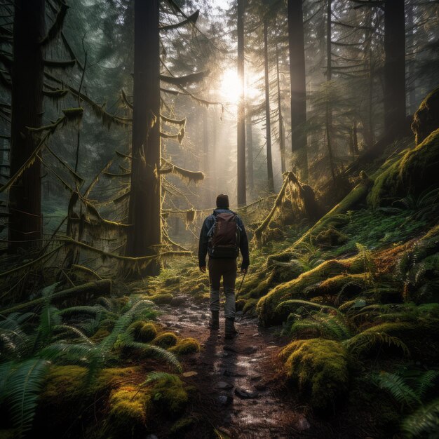 Persona che fa un'escursione nella foresta