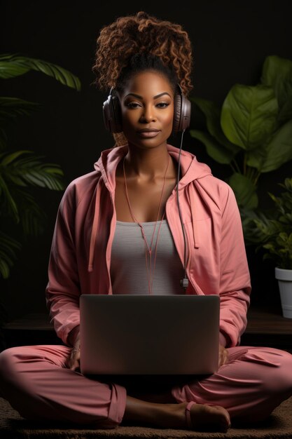 Persona che fa una pausa dalla sua giornata di lavoro virtuale unendosi a uno yoga online Generative AI