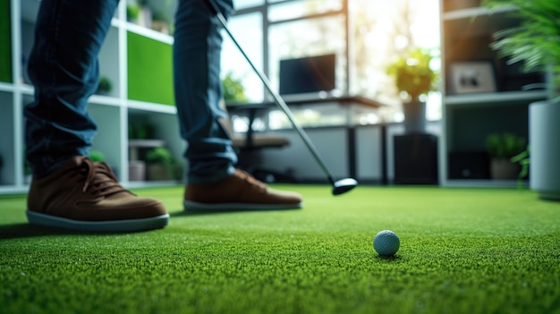 Persona che gioca a mini golf all'interno di una palla vicino al buco Concetto di svago e sport.