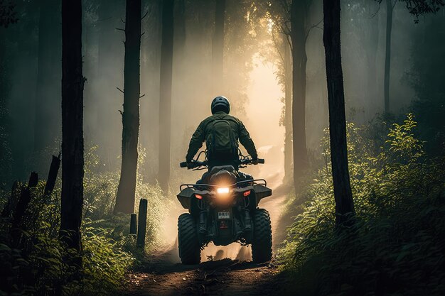 Persona che guida atv attraverso la foresta per vedere la fauna selvatica