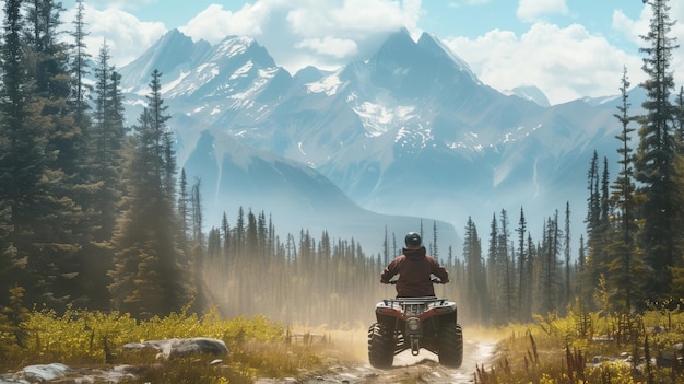 Persona che guida un ATV in una foresta con uno sfondo panoramico di montagna