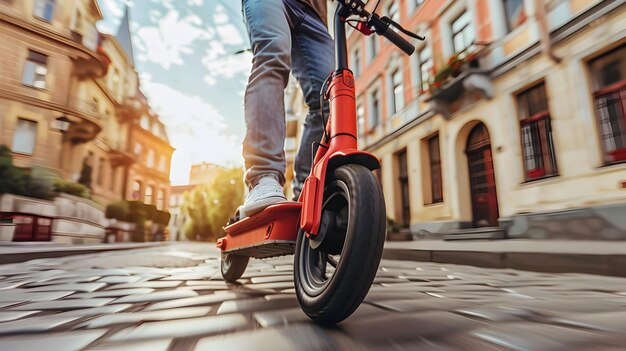 Persona che guida uno scooter elettrico rosso su Cobblestone Street per mostrare il modo di trasporto moderno ed ecologico in un ambiente urbano alla moda