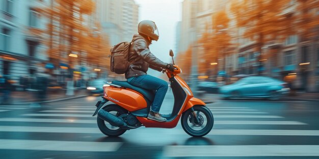 Persona che guida uno scooter su una strada con sfondo cittadino