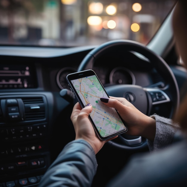 Persona che guida utilizzando uno smartphone con GPS all'interno dell'auto