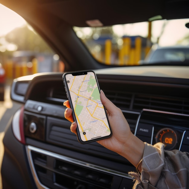 Persona che guida utilizzando uno smartphone con GPS all'interno dell'auto