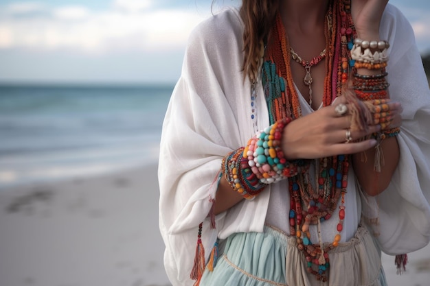 Persona che indossa un mix bohochic di abbigliamento da spiaggia e gioielli per un look costiero creato con l'IA generativa