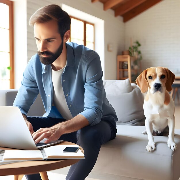 Persona che lavora a casa con un cane da compagnia