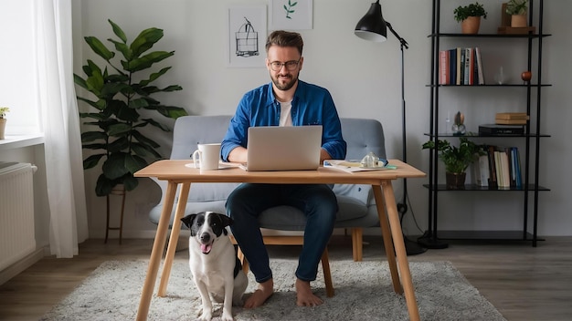 Persona che lavora a casa con un cane da compagnia