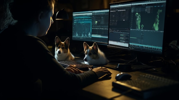 Persona che lavora al computer con due cani