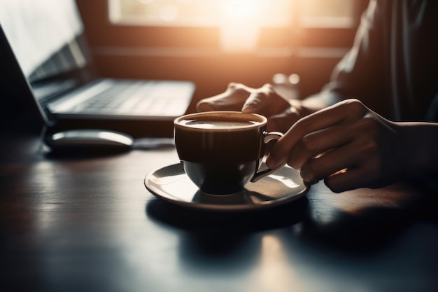 Persona che lavora da casa godendosi una tazza di caffè mattutina creata con l'IA generativa