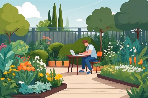 Persona che lavora in giardino Vettore Illustrazione dello spazio di lavoro all'aperto