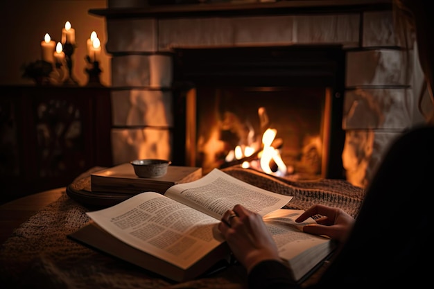 Persona che legge un libro magico con un caminetto caldo e accogliente sullo sfondo