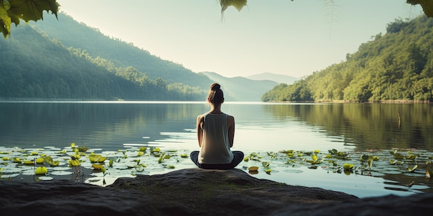 Persona che medita accanto a un lago bella foto di vacanza