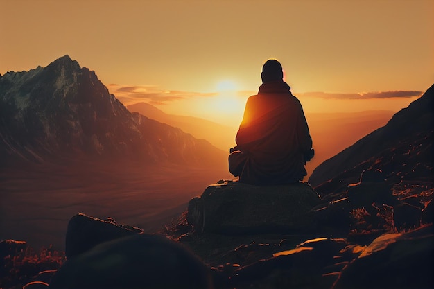 Persona che medita sulla cima della montagna al tramonto generativo ai