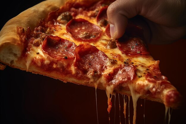 Persona che morde una fetta di pizza di carne con gusto