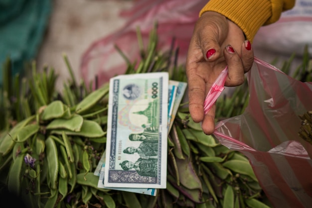 Persona che paga con denaro in Laos, Asia.