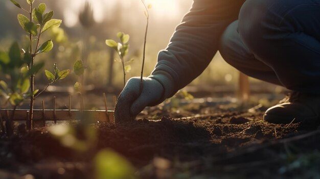 Persona che pianta alberi in un orto comunitario per promuovere la produzione alimentare locale IA generativa