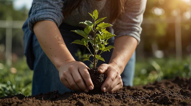 Persona che pianta alberi o lavora in un giardino comunitario per promuovere la produzione alimentare locale