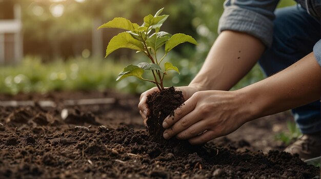 Persona che pianta alberi o lavora in un giardino comunitario per promuovere la produzione alimentare locale