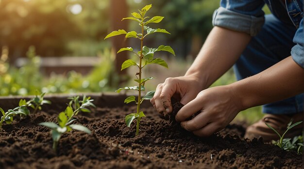 Persona che pianta alberi o lavora in un giardino comunitario per promuovere la produzione alimentare locale