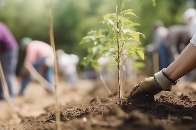 Persona che pianta alberi o lavora nel giardino della comunità in primo piano sulla pianta IA generativa