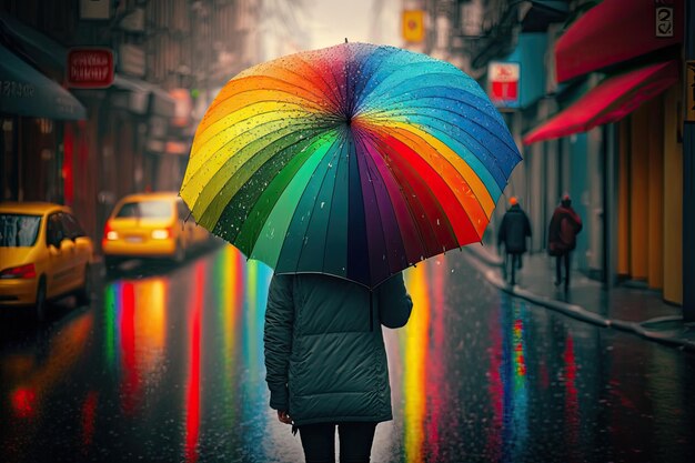 Persona che porta un ombrello arcobaleno in una strada piovosa e triste che rende la scena allegra