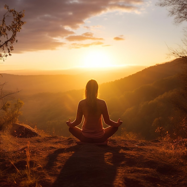 Persona che pratica la meditazione yoga in natura al tramonto o all'alba