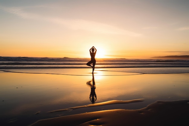 Persona che pratica yoga sulla spiaggia durante il tramonto AI