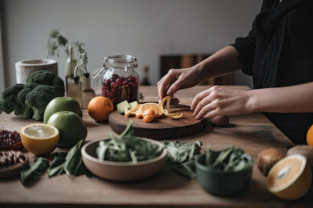 Persona che prepara pasti freschi e sani con ingredienti sul bancone creati con l'IA generativa