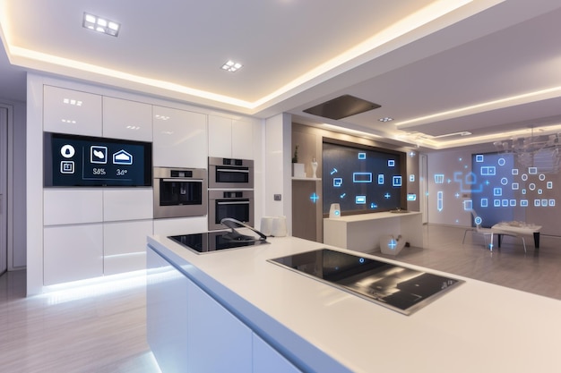 Persona che programma il sistema di casa intelligente con vista della cucina futuristica creata con l'IA generativa