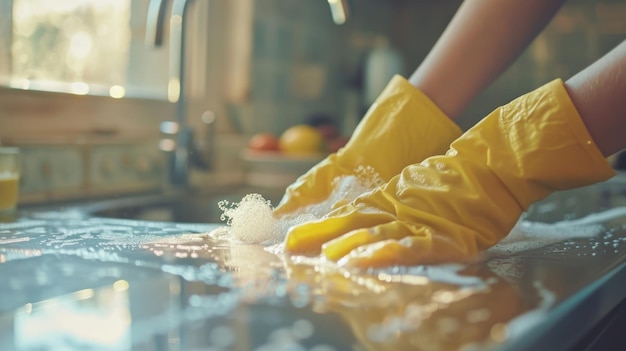Persona che pulisce il bancone della cucina con guanti di gomma gialli