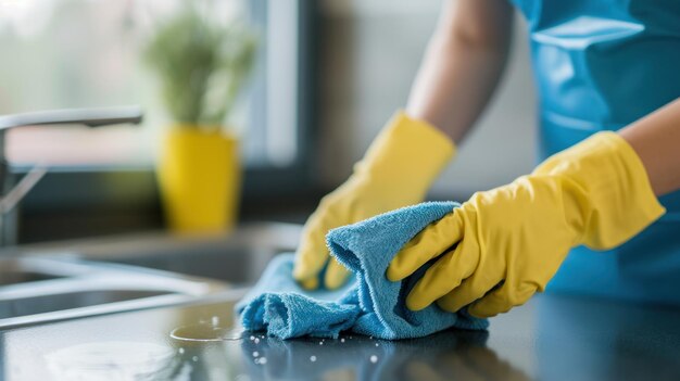 Persona che pulisce il bancone della cucina con uno straccio