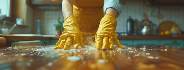 Persona che pulisce il pavimento di legno con guanti gialli