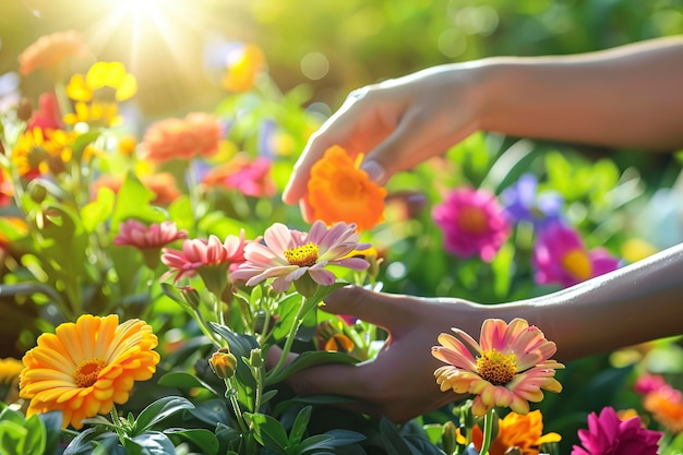 Persona che raggiunge i fiori nel campo