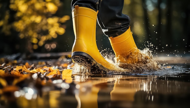 persona che salta nella pozzanghera fangosa in una giornata piovosa autunnale con stivali da pioggia