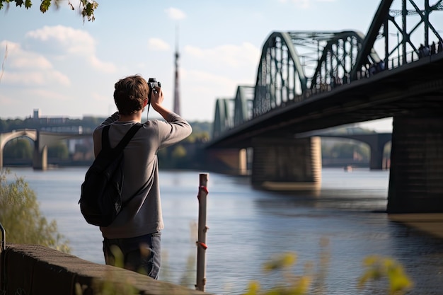 Persona che scatta foto del ponte storico con la città sullo sfondo creata con l'IA generativa