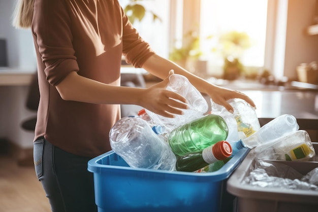 Persona che separa le bottiglie di plastica per il riciclaggio